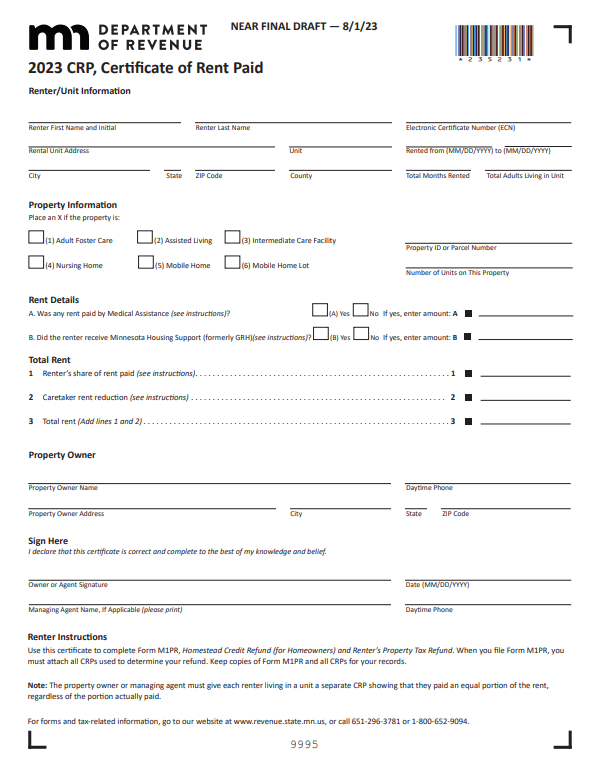 Minnesota Renters Rebate Form 2023