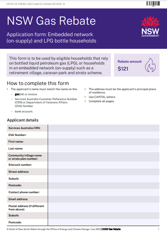 NSW Gas Rebate Form