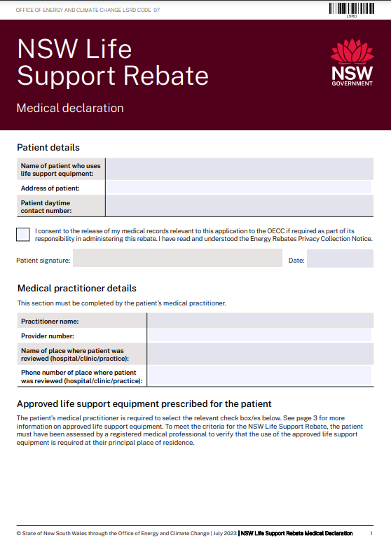 NSW Life Support Rebate Form