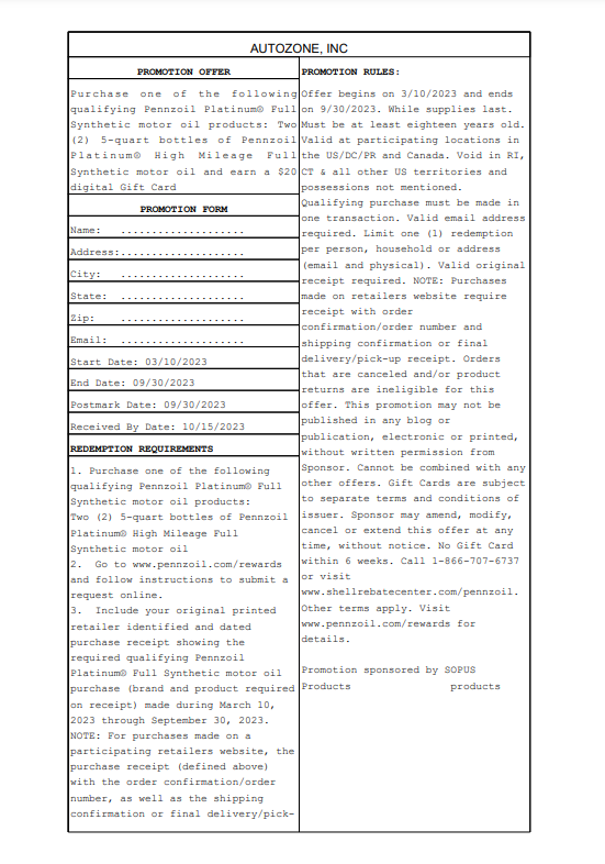 Pennzoil Rebate Form