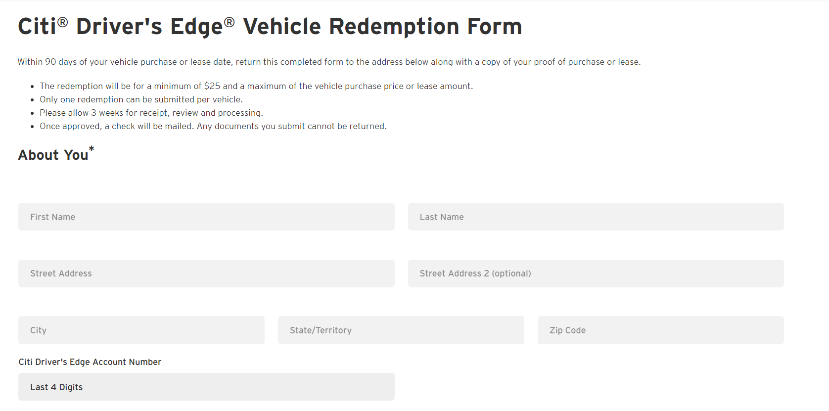 Citi Drivers Edge Redemption Form