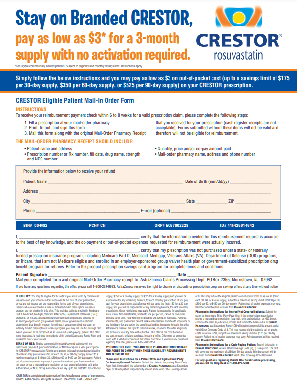 Crestor Mail Order Rebate Form