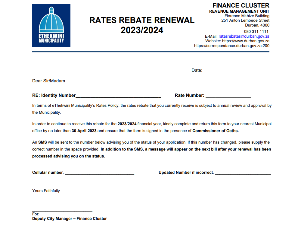 Ethekwini Rates Rebate Renewal Form