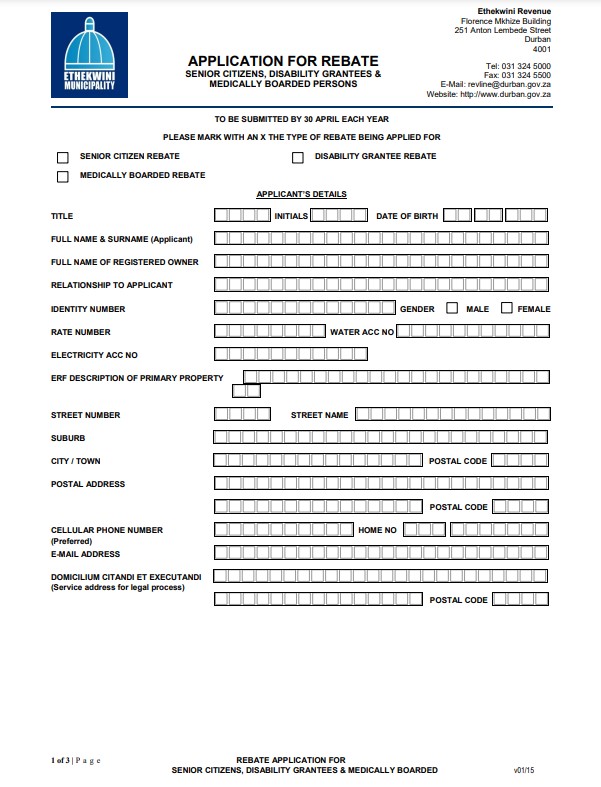 Pensioners Rates Rebate Forms For Water And Electricity In Durban