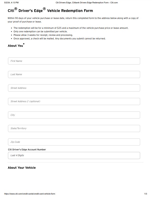 Citi Driver’s Edge Vehicle Redemption Form